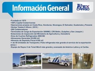 •Fundada en 1975
•100% Capital Costarricense
•Operaciones propias en Costa Rica, Honduras, Nicaragua, El Salvador, Guatemala y Panamá
•Ventas Totales $ 45mm ( 2010 )
•260 Colaboradores
•Terminales de Carga de Exportación 3000M2 ( CRI Belén, Guápiles y San Joaquín )
•Estaciones de inspección del Ministerio de Agricultura y Ganadería
•Área de Cuartos Refrigerados 2800 M2
•Almacenes Generales 25,000 m2
•Almacén de Depósito Fiscal 4100 m2
•+ de 40 Unidades de Transporte ( Flota refrigerada más grande al servicio de la exportación
aérea )
•Equipo de Rayos X de Túnel Móvil más grande y avanzado de América Latina y el Caribe.
 