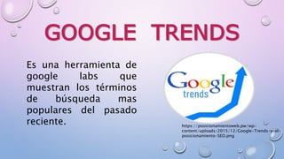 GOOGLE TRENDS
Es una herramienta de
google labs que
muestran los términos
de búsqueda mas
populares del pasado
reciente. https://posicionamientoweb.pw/wp-
content/uploads/2015/12/Google-Trends-y-el-
posicionamiento-SEO.png
 