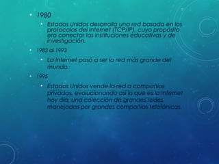 • 1980
• Estados Unidos desarrolla una red basada en los
protocolos del Internet (TCP/IP), cuyo propósito
era conectar las instituciones educativas y de
investigación.
• 1983 al 1993

• La Internet pasó a ser la red más grande del
mundo.
• 1995

• Estados Unidos vende la red a compañías
privadas, evolucionando así lo que es la Internet
hoy día, una colección de grandes redes
manejadas por grandes compañías telefónicas.

 