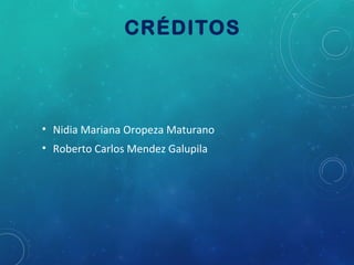 CRÉDITOS

• Nidia Mariana Oropeza Maturano
• Roberto Carlos Mendez Galupila

 