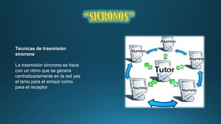 Técnicas de trasmisión
síncrona
La trasmisión síncrona se hace
con un ritmo que se genera
centralizadamente en la red yes
el ismo para el emisor como
para el receptor

 