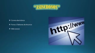  Correo electrónico
 Foros o Tablones de Anuncio
 Web (www)

 
