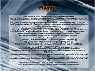 Fuente
                   http://internet-basics.blogspot.com/2006/06/telnet-gopher.html
http://2.bp.blogspot.com/_Sjtc2lf3EUo/Sl5GHBHNNPI/AAAAAAAAACU/Wn9Xi9SAh8E/s320/elearnin
                                                 g.jpg
http://www.google.com.mx/imgres?q=protocolo+telnet&um=1&hl=es&sa=X&rlz=1W1ACAW_esMX3
73MX373&biw=1024&bih=387&tbm=isch&tbnid=Kt1gZvkerMEeZM:&imgrefurl=http://culturacion.co
                                    m/2011/05/para-que-se-utiliza-
               telnet/&docid=a8wHB5oGWp6tUM&imgurl=http://culturacion.com/wp-
content/uploads/2011/05/diagrama_redes.jpg&w=350&h=330&ei=cYXRTq2rLuXg2AXarNSxDA&zoom
=1&iact=hc&vpx=677&vpy=66&dur=2500&hovh=218&hovw=231&tx=112&ty=131&sig=10663704673
           4686847688&page=1&tbnh=93&tbnw=98&start=0&ndsp=14&ved=1t:429,r:5,s:0
            http://www.batiburrillo.net/wp-content/uploads/2011/01/Telnet.jpg?cda6c1
                                     http://4.bp.blogspot.com/--
              l_ZodBkUnA/ThTfl0OuDEI/AAAAAAAAAHc/uOlGvGg6qdk/s1600/redes.jpg
                   http://www.telnet-international.com/images/logo/top_logo.jpg
        http://telnetworld.com/yahoo_site_admin/assets/images/Telnet_Logo.284221919.jpg
                                      http://1.bp.blogspot.com/-
           7u47rnjuKWo/TkMH2gFEYEI/AAAAAAAAAA8/LV8zqHdpFkU/s1600/internet1.jpg
   http://img.ehowcdn.com/article-page-main/ehow/images/a07/6c/ou/gopher-internet-protocol-
                                              800x800.jpg
http://4.bp.blogspot.com/_IDa06EPpm1I/RzzXc3zux3I/AAAAAAAAABE/HdWd8xbiePA/S254/INTERNE
                                                 T.gif
http://4.bp.blogspot.com/_IDa06EPpm1I/RzzXc3zux3I/AAAAAAAAABE/HdWd8xbiePA/S254/INTERNE
                                                 T.gif
            http://www.xtimeline.com/__UserPic_Large/72347/evt101105190400434.jpg
           http://www.blogotepeque.com/wp-content/uploads/2009/11/internet2990.jpg
 