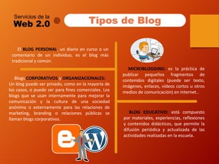 Servicios de la 
Web 2.0 
Tipos de Blog 
ElBLOGPERSONAL,undiarioencursoouncomentariodeunindividuo,eselblogmástradicionalycomún. 
MICROBLOGGING:eslaprácticadepublicarpequeñosfragmentosdecontenidosdigitales(puedesertexto, imágenes,enlaces,vídeoscortosuotrosmediosdecomunicación)enInternet.. 
BlogsCORPORATIVOSyORGANIZACIONALES: 
Unblogpuedeserprivado,comoenlamayoríadeloscasos,opuedeserparafinescomerciales.Losblogsqueseusaninternamenteparamejorarlacomunicaciónylaculturadeunasociedadanónimaoexternamenteparalasrelacionesdemarketing,brandingorelacionespúblicassellamanblogscorporativos. 
BLOGEDUCATIVO:estácompuestopormateriales,experiencias,reflexionesycontenidosdidácticos,quepermiteladifusiónperiódicayactualizadadelasactividadesrealizadasenlaescuela.  