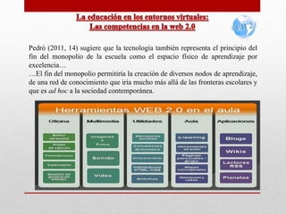 Pedró (2011, 14) sugiere que la tecnología también representa el principio del 
fin del monopolio de la escuela como el espacio físico de aprendizaje por 
excelencia… 
…El fin del monopolio permitiría la creación de diversos nodos de aprendizaje, 
de una red de conocimiento que iría mucho más allá de las fronteras escolares y 
que es ad hoc a la sociedad contemporánea. 
 