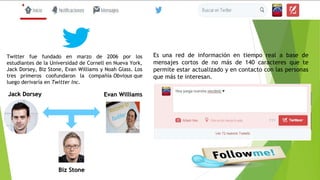Es una red de información en tiempo real a base de
mensajes cortos de no más de 140 caracteres que te
permite estar actualizado y en contacto con las personas
que más te interesan.
Twitter fue fundado en marzo de 2006 por los
estudiantes de la Universidad de Cornell en Nueva York,
Jack Dorsey, Biz Stone, Evan Williams y Noah Glass. Los
tres primeros coofundaron la compañía Obvious que
luego derivaría en Twitter Inc.
Jack DorseyJack Dorsey
Biz StoneBiz Stone
Evan WilliamsEvan Williams
 