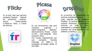 Es un sitio web que permite
compartir fotoque. Además
de almacenar, ordenar,
buscar, vender grafías
o vídeos en línea, a través
de Internet. Es una herramienta web para
visualizar, organizar y
editar fotografías digitales.
Adicionalmente, Picasa posee
un sitio web integrado para
compartir fotos.
Fue creada originalmente por
una compañía llamada
Lifescape en 2002,1
 y es
propiedad de Google desde el
año 2004.
Es un servicio de alojamiento de
archivos multiplataforma en la
nube, operado por la compañía
Dropbox. El servicio permite a los
usuarios almacenar y sincronizar
archivos en línea y entre
ordenadores y compartir archivos y
carpetas con otros usuarios y con
tabletas y móviles.
 
