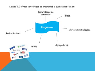 La web 2.0 ofrece varios tipos de programas la cual se clasifica en:
Programas
Blogs
Motores de búsqueda
Agregadores
Wikis
Redes Sociales
Comunidades de
contenido
 