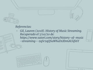 Referencias:
- Gil, Lauren (2018). History of Music Streaming.
Recuperado el 7/10/20 de:
https://www.sutori.com/story/history-of-music
-streaming--zqSr2qQSuWhuDsXbmAUxﬁ6Y
 