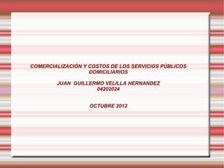 COMERCIALIZACIÓN Y COSTOS DE LOS SERVICIOS PÚBLICOS
                   DOMICILIARIOS

        JUAN GUILLERMO VELILLA HERNANDEZ
                    04202024


                   OCTUBRE 2012
 