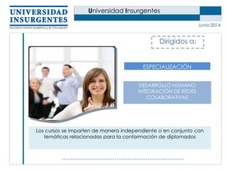 Universidad Insurgentes
Junio 2014
Dirigidos a:
DESARROLLO HUMANO
INTEGRACIÓN DE REDES
COLABORATIVAS
ESPECIALIZACIÓN
Los cursos se imparten de manera independiente o en conjunto con
temáticas relacionadas para la conformación de diplomados
 