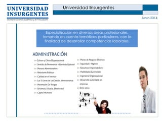 Universidad Insurgentes
Junio 2014
Especialización en diversas áreas profesionales,
tomando en cuenta temáticas particulares, con la
finalidad de desarrollar competencias laborales.
 