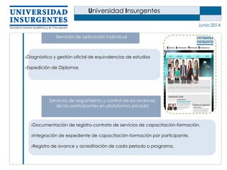 Universidad Insurgentes
Junio 2014
Documentación de registro-contrato de servicios de capacitación-formación.
Integración de expediente de capacitación-formación por participante.
Registro de avance y acreditación de cada periodo o programa.
Servicios de aplicación individual
Diagnóstico y gestión oficial de equivalencias de estudios
Expedición de Diplomas
Servicios de seguimiento y control de los avances
de los participantes en plataforma privada
 