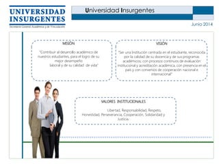 Universidad Insurgentes
Junio 2014
MISIÓN
“Contribuir al desarrollo académico de
nuestros estudiantes, para el logro de su
mejor desempeño
laboral y de su calidad de vida"
VISIÓN
“Ser una Institución centrada en el estudiante, reconocida
por la calidad de su docencia y de sus programas
académicos; con procesos continuos de evaluación
institucional y acreditación académica, con presencia en el
país y con convenios de cooperación nacional e
internacional”
VALORES INSTITUCIONALES
Libertad, Responsabilidad, Respeto,
Honestidad, Perseverancia, Cooperación, Solidaridad y
Justicia.
 