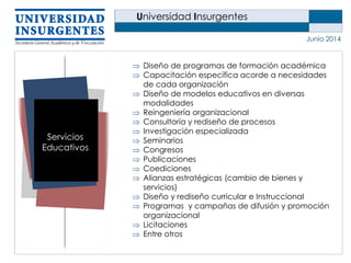Universidad Insurgentes
Junio 2014
 Diseño de programas de formación académica
 Capacitación específica acorde a necesidades
de cada organización
 Diseño de modelos educativos en diversas
modalidades
 Reingeniería organizacional
 Consultoría y rediseño de procesos
 Investigación especializada
 Seminarios
 Congresos
 Publicaciones
 Coediciones
 Alianzas estratégicas (cambio de bienes y
servicios)
 Diseño y rediseño curricular e Instruccional
 Programas y campañas de difusión y promoción
organizacional
 Licitaciones
 Entre otros
Servicios
Educativos
 