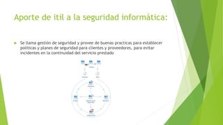 Aporte de itil a la seguridad informática:
 Se llama gestión de seguridad y provee de buenas practicas para establecer
políticas y planes de seguridad para clientes y proveedores, para evitar
incidentes en la continuidad del servicio prestado
 
