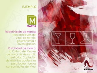 EJEMPLO




                  M
                 MARCA
Redefinición de marca:
     tres enfoques del
        vino: comercio,
        gastronomía e
         investigación.
 Visibilidad de marca:
  la Cultura del Vino es
un motor de desarrollo
   territorial. Captación
de distintas audiencias
    para lograr nuevos
consumidores del Vino.
 