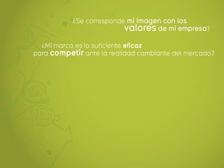 ¿Se corresponde mi imagen con los
                          valores de mi empresa?
  ¿Mi marca es lo suficiente eficaz
para competir ante la realidad cambiante del mercado?
 