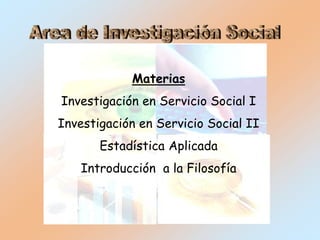 Materias
Investigación en Servicio Social I
Investigación en Servicio Social II
Estadística Aplicada
Introducción a la Filosofía
 