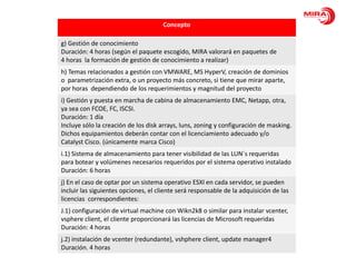 Concepto

g) Gestión de conocimiento
Duración: 4 horas (según el paquete escogido, MIRA valorará en paquetes de
4 horas la formación de gestión de conocimiento a realizar)
h) Temas relacionados a gestión con VMWARE, MS HyperV, creación de dominios
o parametrización extra, o un proyecto más concreto, si tiene que mirar aparte,
por horas dependiendo de los requerimientos y magnitud del proyecto
i) Gestión y puesta en marcha de cabina de almacenamiento EMC, Netapp, otra,
ya sea con FCOE, FC, ISCSI.
Duración: 1 día
Incluye sólo la creación de los disk arrays, luns, zoning y configuración de masking.
Dichos equipamientos deberán contar con el licenciamiento adecuado y/o
Catalyst Cisco. (únicamente marca Cisco)
i.1) Sistema de almacenamiento para tener visibilidad de las LUN´s requeridas
para botear y volúmenes necesarios requeridos por el sistema operativo instalado
Duración: 6 horas
j) En el caso de optar por un sistema operativo ESXI en cada servidor, se pueden
incluir las siguientes opciones, el cliente será responsable de la adquisición de las
licencias correspondientes:
J.1) configuración de virtual machine con Wikn2k8 o similar para instalar vcenter,
vsphere client, el cliente proporcionará las licencias de Microsoft requeridas
Duración: 4 horas
j.2) instalación de vcenter (redundante), vshphere client, update manager4
Duración. 4 horas
 