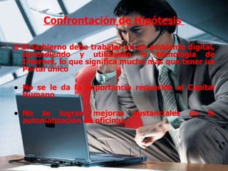 Confrontación de Hipótesis  3-El Gobierno debe trabajar en un ambiente digital, aprendiendo y utilizando la tecnología de Internet, lo que significa mucho más que tener un Portal único No se le da la importancia requerida al Capital Humano  No se logran mejoras sustanciales en la automatización de oficinas  