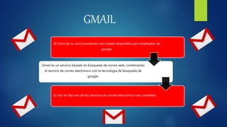 GMAIL
Al inicio de su funcionamiento solo estaba disponible para empleados de
google.
Gmail es un servicio basado en búsqueda de correo web, combinando
el servicio de correo electrónico con la tecnología de búsqueda de
google.
Es hoy en día uno de los servicios de correo electrónico mas completo.
 