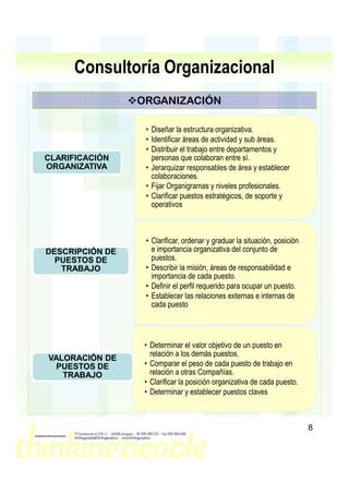 Consultoría Organizacional
                 ORGANIZACIÓN

                  • Diseñar la estructura organizativa.
                  • Identificar áreas de actividad y sub áreas.
                  • Distribuir el trabajo entre departamentos y
CLARIFICACIÓN       personas que colaboran entre sí.
ORGANIZATIVA      • Jerarquizar responsables de área y establecer
                    colaboraciones.
                  • Fijar Organigramas y niveles profesionales.
                  • Clarificar puestos estratégicos, de soporte y
                    operativos



                  • Clarificar, ordenar y graduar la situación, posición
DESCRIPCIÓN DE      e importancia organizativa del conjunto de
  PUESTOS DE        puestos.
   TRABAJO        • Describir la misión, áreas de responsabilidad e
                    importancia de cada puesto.
                  • Definir el perfil requerido para ocupar un puesto.
                  • Establecer las relaciones externas e internas de
                    cada puesto



                  • Determinar el valor objetivo de un puesto en
                    relación a los demás puestos.
VALORACIÓN DE
  PUESTOS DE      • Comparar el peso de cada puesto de trabajo en
   TRABAJO          relación a otras Compañías.
                  • Clarificar la posición organizativa de cada puesto.
                  • Determinar y establecer puestos claves



                                                                           8
 