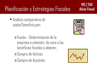 Planificación y Estrategias Fiscales Análisis comparativo de costo/beneficio por: Fusión – Determinación de la empresa a subsistir, de cara a los beneficios fiscales a obtener. Compra de Activos Compra de Acciones 
