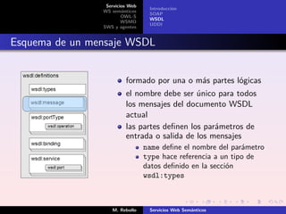 Servicios Web
                                  Introducción
                WS semánticos
                                  SOAP
                        OWL-S
                                  WSDL
                        WSMO
                                  UDDI
                SWS y agentes


Esquema de un mensaje WSDL


                         formado por una o más partes lógicas
                         el nombre debe ser único para todos
                         los mensajes del documento WSDL
                         actual
                         las partes deﬁnen los parámetros de
                         entrada o salida de los mensajes
                                 name deﬁne el nombre del parámetro
                                 type hace referencia a un tipo de
                                 datos deﬁnido en la sección
                                 wsdl:types



                   M. Rebollo     Servicios Web Semánticos
 