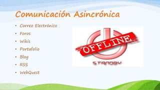 Comunicación Asincrónica
• Correo Electrónico
• Foros
• Wikis
• Portafolio
• Blog
• RSS
• WebQuest
 