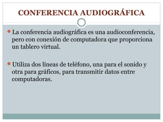 CONFERENCIA AUDIOGRÁFICA

La conferencia audiográfica es una audioconferencia,
 pero con conexión de computadora que proporciona
 un tablero virtual.

Utiliza dos líneas de teléfono, una para el sonido y
 otra para gráficos, para transmitir datos entre
 computadoras.
 