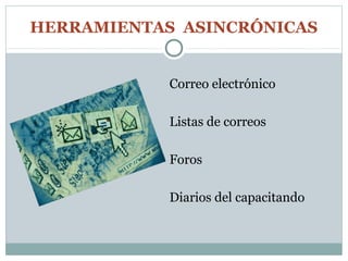 HERRAMIENTAS ASINCRÓNICAS


            Correo electrónico

            Listas de correos

            Foros

            Diarios del capacitando
 