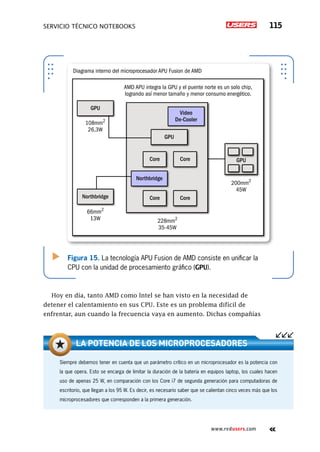 SERVICIO TÉCNICO NOTEBOOKS 115
www.redusers.com
Hoy en día, tanto AMD como Intel se han visto en la necesidad de
detener el calentamiento en sus CPU. Este es un problema difícil de
enfrentar, aun cuando la frecuencia vaya en aumento. Dichas compañías
Siempre debemos tener en cuenta que un parámetro crítico en un microprocesador es la potencia con
la que opera. Esto se encarga de limitar la duración de la batería en equipos laptop, los cuales hacen
uso de apenas 25 W, en comparación con los Core i7 de segunda generación para computadoras de
escritorio, que llegan a los 95 W. Es decir, es necesario saber que se calientan cinco veces más que los
microprocesadores que corresponden a la primera generación.
La potencia DE los microprocesadores
Figura 15. La tecnología APU Fusion de AMD consiste en unificar la
CPU con la unidad de procesamiento gráfico (GPU).
GPU
GPU
Core Core
Diagrama interno del microprocesador APU Fusion de AMD
AMD APU integra la GPU y el puente norte es un solo chip,
logrando así menor tamaño y menor consumo energético.
108mm2
26,3W
66mm2
13W
Northbridge
Video
De-Cooler
228mm2
35-45W
Northbridge
Core Core
200mm2
45W
GPU
 