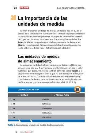 1. La computadora portátil38
www.redusers.com
La importancia de las
unidades de medida
Existen diferentes unidades de medida utilizadas hoy en día en el
campo de la computación. Habitualmente, citamos en primera instancia
las unidades de medida que tienen su origen en los números binarios
(0,1); por eso, haremos mención a sus dos principales unidades: los
Bytes (unidades empleadas para el almacenamiento de datos) y los
bits (de transferencia). Existen otras unidades de medida, como los
Hertz o Hercios, de las cuales hablaremos más adelante.
Las unidades de medida
de almacenamiento
La unidad de medida de almacenamiento de datos es el Byte, que
se representa con una B mayúscula y se diferencia del bit por el valor
sustancial que posee. Un Byte es también conocido como octeto, y el
origen de su terminología se debe a que es, por definición, el conjunto
de 8 bits: 10101011. Las unidades de medida de almacenamiento y
transferencia de datos a menudo hacen uso de los multiplicadores o
prefijos, que se representan con una letra inicial (K, M, G, T, P).
▼▼ Unidad ▼▼ Equivalencia
1 KB 1024 Bytes
1 MB 1024 KiloBytes
1 GB 1024 MegaBytes
1 TB 1024 GigaBytes
1 PB 1024 TeraBytes
Unidades de medida
Tabla 1. Conversión de unidades de medida de almacenamiento.
 
