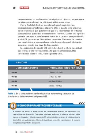 2. Componentes externos de una portátil70
www.redusers.com
necesario conectar medios como los siguientes: cámaras, impresoras o
tarjetas capturadoras y de edición de video, entre otros.
Con la finalidad de dejar más claro el uso de cada interfaz,
empezaremos por referirnos al puerto USB. El puerto serie universal
es un estándar, lo que quiere decir que está incorporado en todas las
computadoras portátiles, a diferencia del FireWire. Existen tres tipos de
puertos USB: tipo A, comúnmente usado en PC; tipo B, para periféricos;
y miniUSB, presente en dispositivos pequeños. El número de puertos
que puede integrar una notebook varía de acuerdo con el fabricante,
aunque es común que haya de dos a cuatro.
Las versiones del puerto USB son: 1.0, 1.1, 2.0 y 3.0, la más actual,
que trabaja a una velocidad más alta que sus antecesoras. Más
información sobre el tema, en la siguiente tabla.
▼▼ Versión del puerto ▼▼ Transmisión (Mbps) / C.T. (MB/s)
USB 1.0 1,5 Mbps - 187,5 MB/s
USB 1.1 12 Mbps - 1,5 MB/s
USB 2.0 480 Mbps - 60 MB/s
USB 3.0 3.2 Gbps - 400 MB/s
PUERTO USB
Tabla 1. En la tabla podemos ver la velocidad de transmisión y capacidad de
transferencia de las versiones del puerto USB.
Al momento de adquirir un equipo portátil, es completamente necesario que verifiquemos sus
características de alimentación. Para realizar esta tarea, analizamos el voltaje de entrada y salida
impreso en el cargador, y el tipo de conector de CA, así como también, el número de celdas que tiene la
batería. Esto nos ayudará a saber el tiempo de duración y a conocer las especificaciones de consumo
energético correspondientes al dispositivo.
Conocer parámetros de voltaje
 