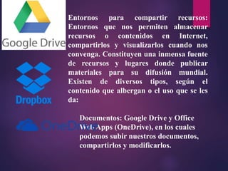 Entornos para compartir recursos:
Entornos que nos permiten almacenar
recursos o contenidos en Internet,
compartirlos y visualizarlos cuando nos
convenga. Constituyen una inmensa fuente
de recursos y lugares donde publicar
materiales para su difusión mundial.
Existen de diversos tipos, según el
contenido que albergan o el uso que se les
da:
Documentos: Google Drive y Office
Web Apps (OneDrive), en los cuales
podemos subir nuestros documentos,
compartirlos y modificarlos.
 