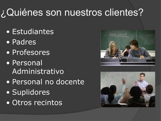 ¿Quiénes son nuestros clientes?
• Estudiantes
• Padres
• Profesores
• Personal
Administrativo
• Personal no docente
• Suplidores
• Otros recintos
 