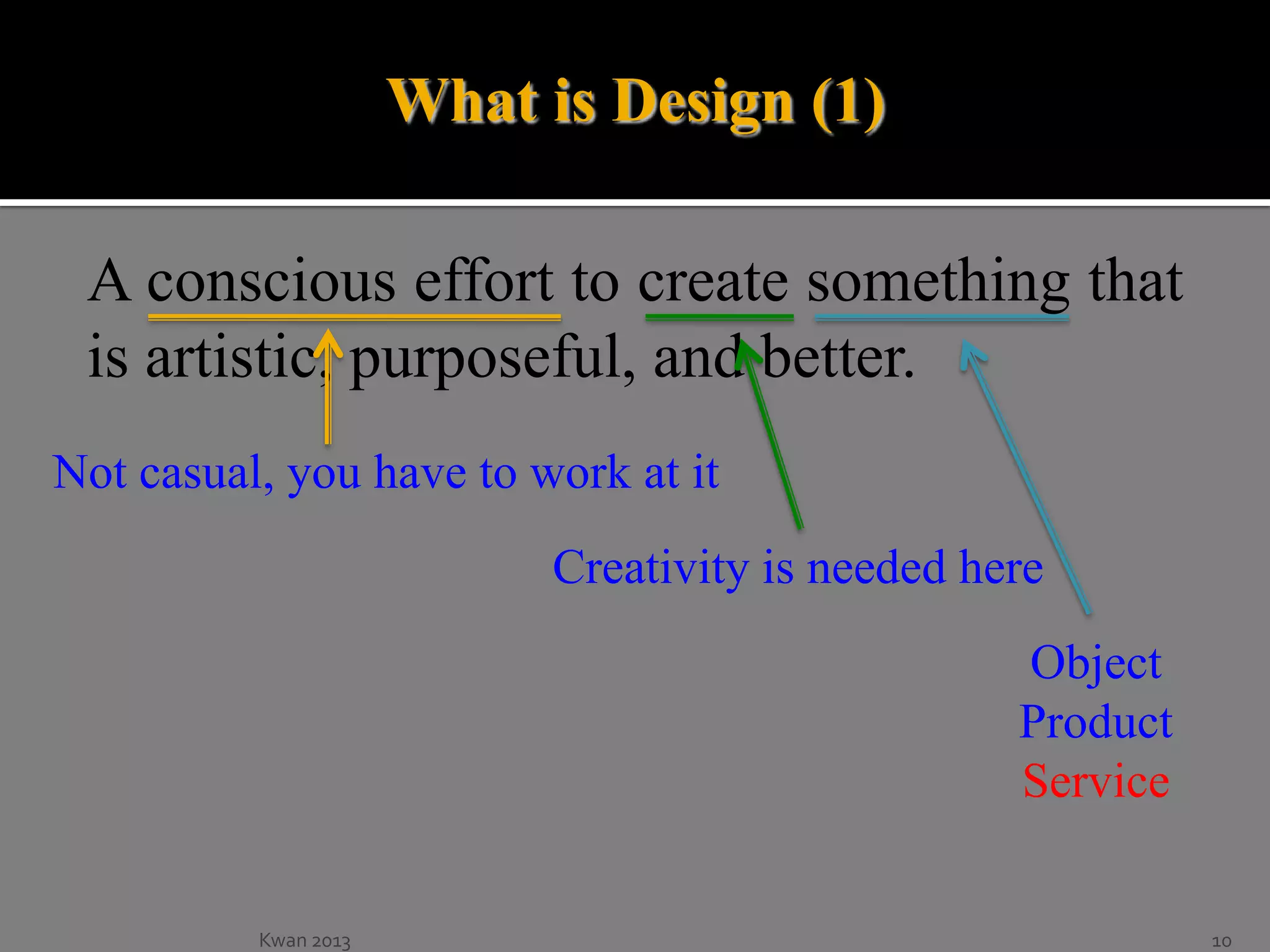 What is Design (1)
A conscious effort to create something that
is artistic, purposeful, and better.
Not casual, you have to work at it
Creativity is needed here
Object
Product
Service

Kwan 2013

10

 