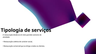 Tipologia de serviços
A restauração divide-se em dois grandes sectores de
atividade:
• Restauração coletiva de carácter social,
• Restauração comercial que se dirige a todos os clientes.
 