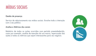 Gestão de presença
Serviço de relacionamento nas mídias sociais. Envolve toda a interação
com o seu público.
Analise e Métricas dos canais
Relatório de todas as ações ocorridas num período preestabelecido,
como por exemplo, analise de menções da sua marca, repercussão das
ações e todas as métricas que sejam interessantes para seu negócio.
MÍDIAS SOCIAIS
 