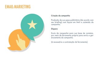 Criação da campanha
Produção de sua peça publicitária (de acordo com
seu briefing) com layout em html e conteúdo da
campanha.
Disparo
Envio da campanha para sua base de contatos,
por meio de ferramenta própria para envio e ger-
enciamento da campanha.
(é necessária a contratação de ferramenta).
EMAIL-MARKETING
 