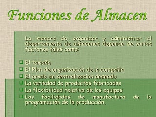 La manera de organizar y administrar el departamento de almacenes depende de varios factores tales como: El tamaño El Plan de organización de la compañía El grado de centralización deseado La variedad de productos fabricados La flexibilidad relativa de los equipos Las facilidades de manufactura de la programación de la producción. Funciones de Almacen 
