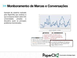 >> Monitoramento de Marcas e Conversações
Exemplo de relatório realizado
pela PaperCliQ, que analisou o
que os baianos falam sobre três
universidades     privadas    e
descobriu quais os principais
problemas mencionados.
 