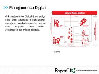 >> Planejamento Digital
O Planejamento Digital é o serviço
pelo qual agências e consultores
planejam cuidadosamente como
uma     empresa     deve      entrar
ativamente nas mídias digitais.




                                       Red Ant
 