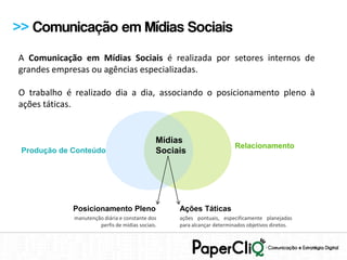 >> Comunicação em Mídias Sociais
A Comunicação em Mídias Sociais é realizada por setores internos de
grandes empresas ou agências especializadas.

O trabalho é realizado dia a dia, associando o posicionamento pleno à
ações táticas.


                                              Mídias
                                                                         Relacionamento
 Produção de Conteúdo                         Sociais




             Posicionamento Pleno                  Ações Táticas
             manutenção diária e constante dos     ações pontuais, especificamente planejadas
                      perfis de mídias sociais.    para alcançar determinados objetivos diretos.
 