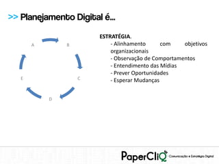 >> Planejamento Digital é...
                       ESTRATÉGIA.
       A       B           - Alinhamento      com    objetivos
                           organizacionais
                           - Observação de Comportamentos
                           - Entendimento das Mídias
                           - Prever Oportunidades
   E               C       - Esperar Mudanças


           D
 
