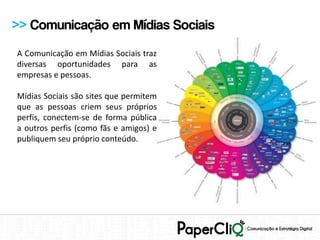 >> Comunicação em Mídias Sociais
A Comunicação em Mídias Sociais traz
diversas oportunidades para as
empresas e pessoas.

Mídias Sociais são sites que permitem
que as pessoas criem seus próprios
perfis, conectem-se de forma pública
a outros perfis (como fãs e amigos) e
publiquem seu próprio conteúdo.
 