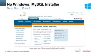 Copyright © 2015, Oracle and/or its affiliates. All rights reserved.19
No Windows: MySQL Installer
Next, Next... Finish!
dev.mysql.com/downloads/windows/installer
 