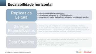 Copyright © 2015, Oracle and/or its affiliates. All rights reserved.24
Escalabilidade horizontal
• método mais simples e mais comum
• indicado para aplicações de LEITURA intensiva
• problemas com cache duplicado em aplicações com datasets grandes
Réplicas de
Leitura
• dividir a carga em múltiplos nós, com responsabilidades distintas
• os nós podem ter redundância via replicação para alta-disponibilidade
• normalmente não é transparente para a aplicação e também recorre ao
scale up para cada database funcional, o que impõe limites
Serviços
Especializados
• método de maior sucesso para escalar aplicações MySQL de grande
porte hoje
• dados compartilhados em tabelas/caches globais, SOA
• difícil de adaptar aplicações legadas
Data Sharding
 