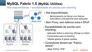 Copyright © 2015, Oracle and/or its affiliates. All rights reserved.47
HA group
MySQL Fabric 1.5 (MySQL Utilities)
 Alta disponibilidade:
– Monitoramento do Server com failover
automático e transparente para aplicação
 Sem Proxy, sem latência extra e SPoF
Alta-disponibilidade + escalabilidade de escrita com sharding
Connector
Application
SQL
Read-slaves Read-slaves
HA group
MySQL Fabric
• Escalabilidade de escrita com
sharding:
– Aplicação define a shard key (Range ou Hash)
– Ferramentas para re-sharding
– Tabelas globais & global updates
• Conectores devem ser “Fabric-
aware”:
– Java, Python, PHP
 